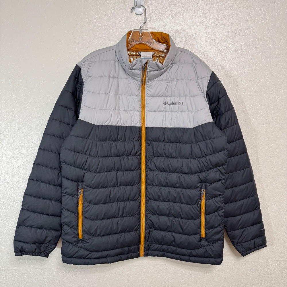 Columbia Puffer Jacket Mens Large Gray Colorblock Omni Heat Insulated Quilted